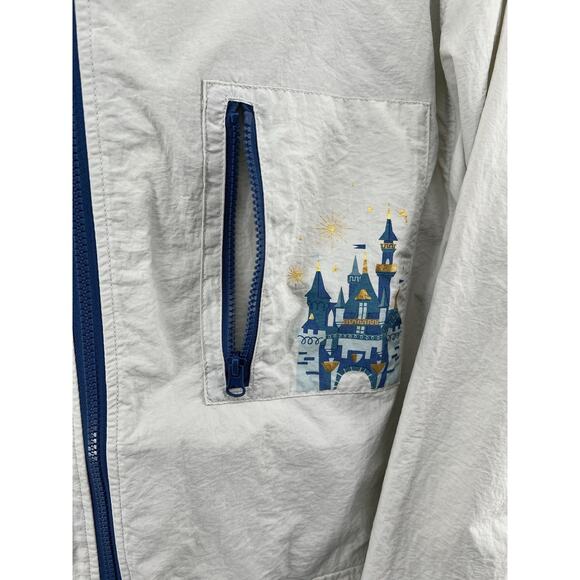 Disneyland Resort Windbreaker Jacket L Gray Blue Castle Graphic Hooded Zip Up - Picture 4 of 10